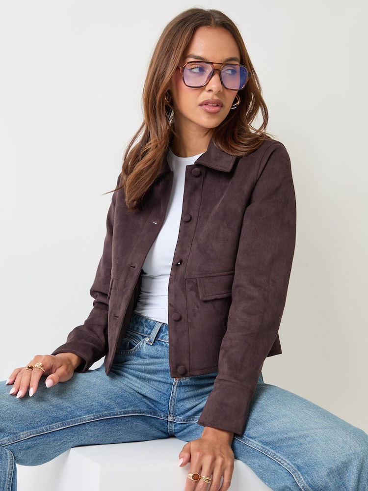 Threadbare Dark Brown Faux Suede Collared Jacket - Image 2 of 5 Threadbare Dark Brown Faux Suede Collared Jacket - Image 2 of 5