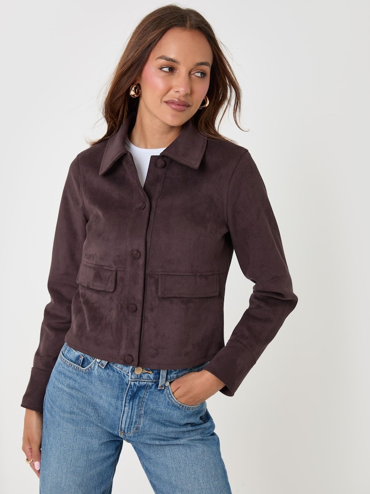 Threadbare Dark Brown Faux Suede Collared Jacket - Image 5 of 5 Threadbare Dark Brown Faux Suede Collared Jacket - Image 5 of 5