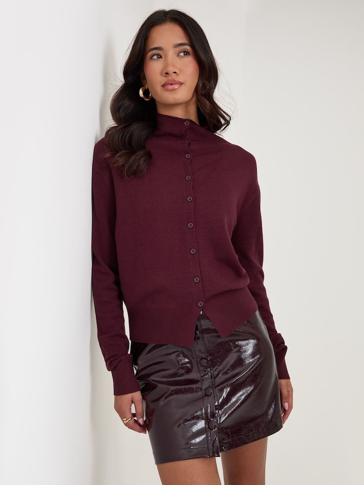 Threadbare Red Compact Knit Funnel Neck Cardigan - Image 1 of 5 Threadbare Red Compact Knit Funnel Neck Cardigan - Image 1 of 5