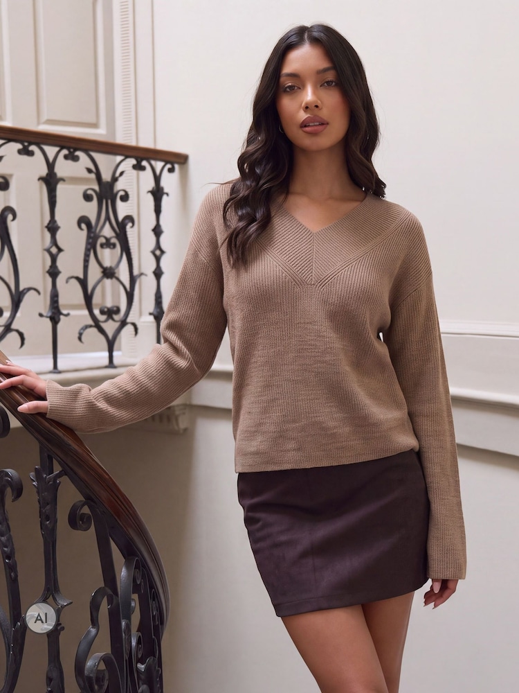 Threadbare Light Brown Deep Rib V-Neck Jumper - Image 1 of 5 Threadbare Light Brown Deep Rib V-Neck Jumper - Image 1 of 5