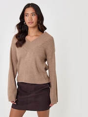Threadbare Light Brown Deep Rib V-Neck Jumper - Image 4 of 5