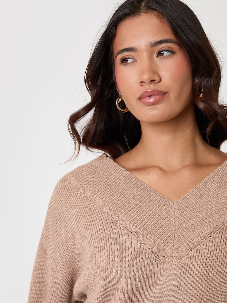 Threadbare Light Brown Deep Rib V-Neck Jumper - Image 5 of 5 Threadbare Light Brown Deep Rib V-Neck Jumper - Image 5 of 5