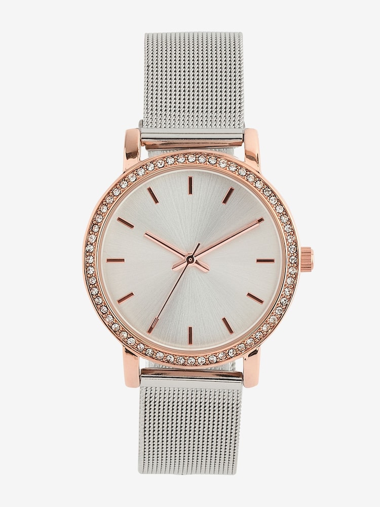 Silver Tone Mixed Metal Sparkle Mesh Watch - Image 2 of 4