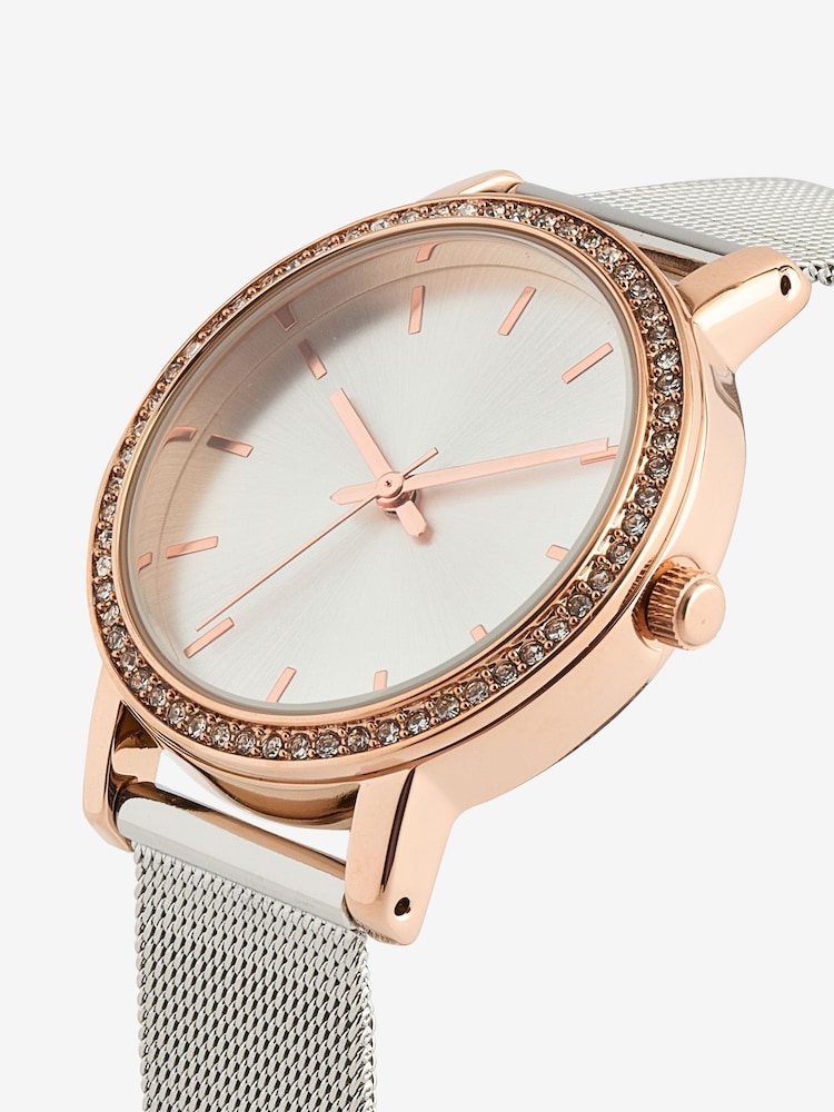Silver Tone Mixed Metal Sparkle Mesh Watch - Image 4 of 4