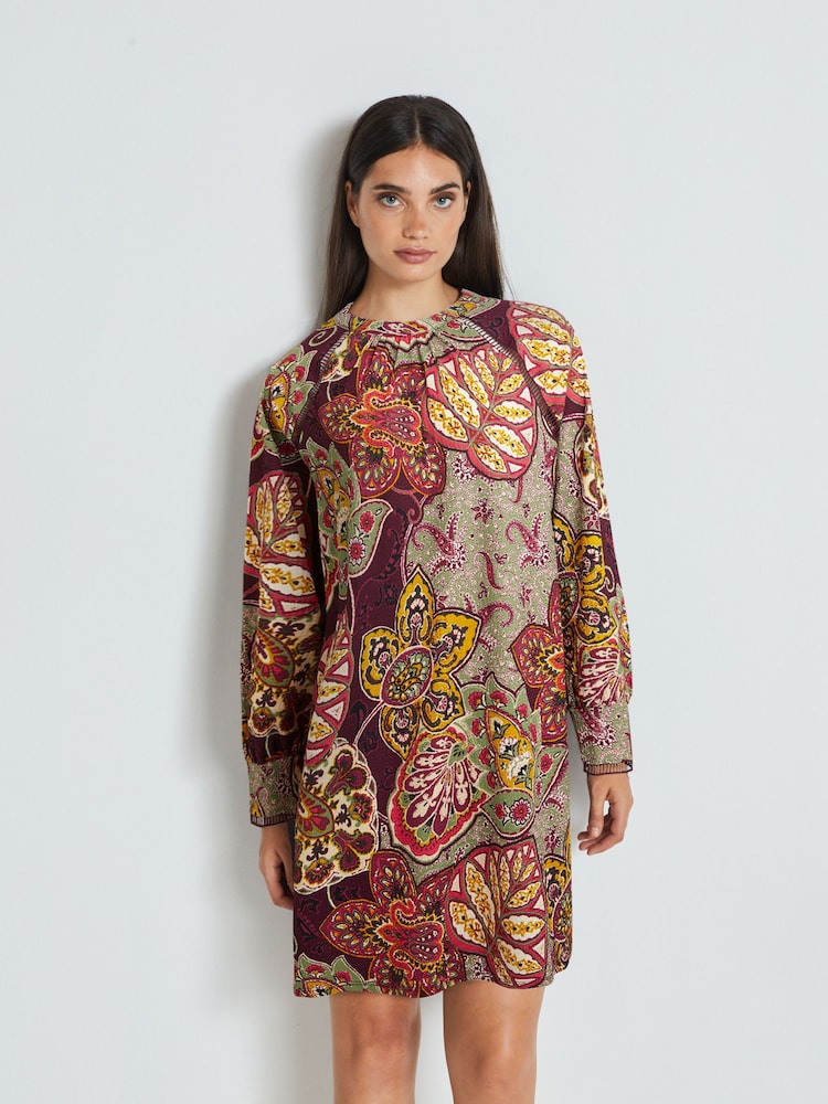 Pink Paisley Long Sleeve Ladder Detail Mini Dress - Image 1 of 6 Pink Paisley Long Sleeve Ladder Detail Mini Dress - Image 1 of 6