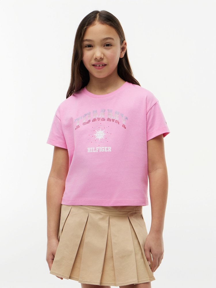 Tommy Hilfiger Pink Rhinestone Logo Relaxed T-Shirt - Image 1 of 5