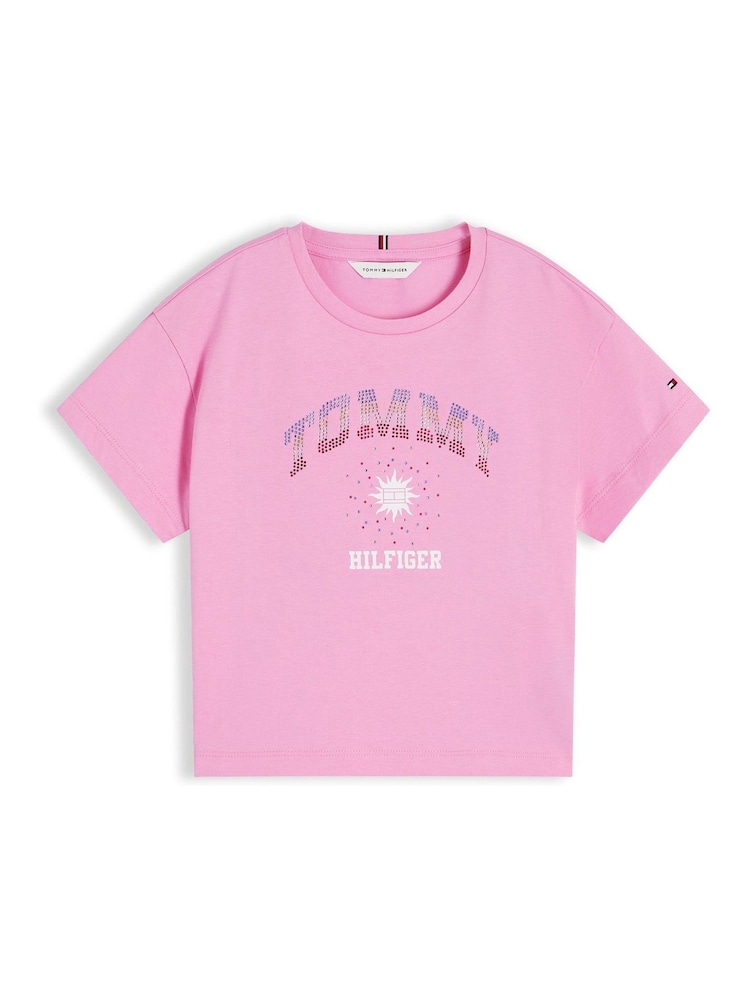 Tommy Hilfiger Pink Rhinestone Logo Relaxed T-Shirt - Image 5 of 5