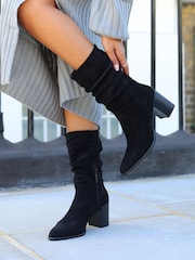 Linzi Black Wisteria Western Style Ruched Ankle Boots With Leather Stacked Heel - Image 1 of 4