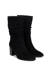 Linzi Black Wisteria Western Style Ruched Ankle Boots With Leather Stacked Heel - Image 3 of 4