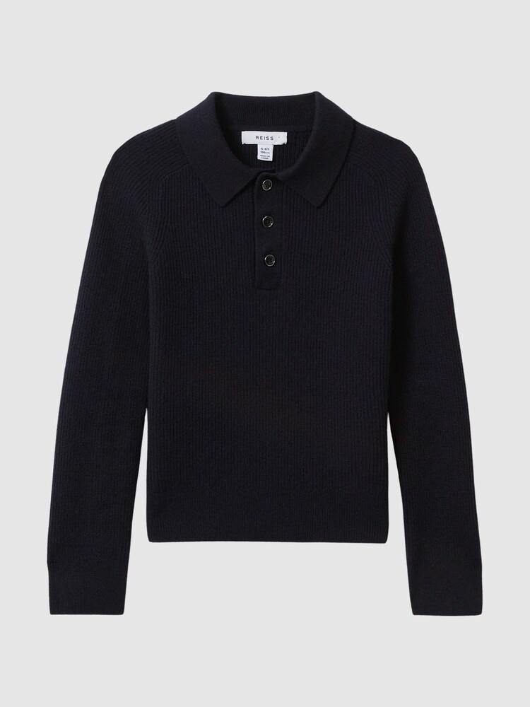 Reiss Navy Holms Senior Merino Wool Polo Shirt - Image 2 of 7