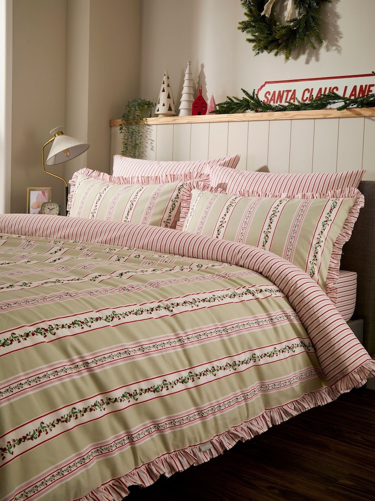 Vantona Pink Christmas Ditsy Rows Frilled Duvet Cover and Pillowcase Set - Image 1 of 5 Vantona Pink Christmas Ditsy Rows Frilled Duvet Cover and Pillowcase Set - Image 1 of 5