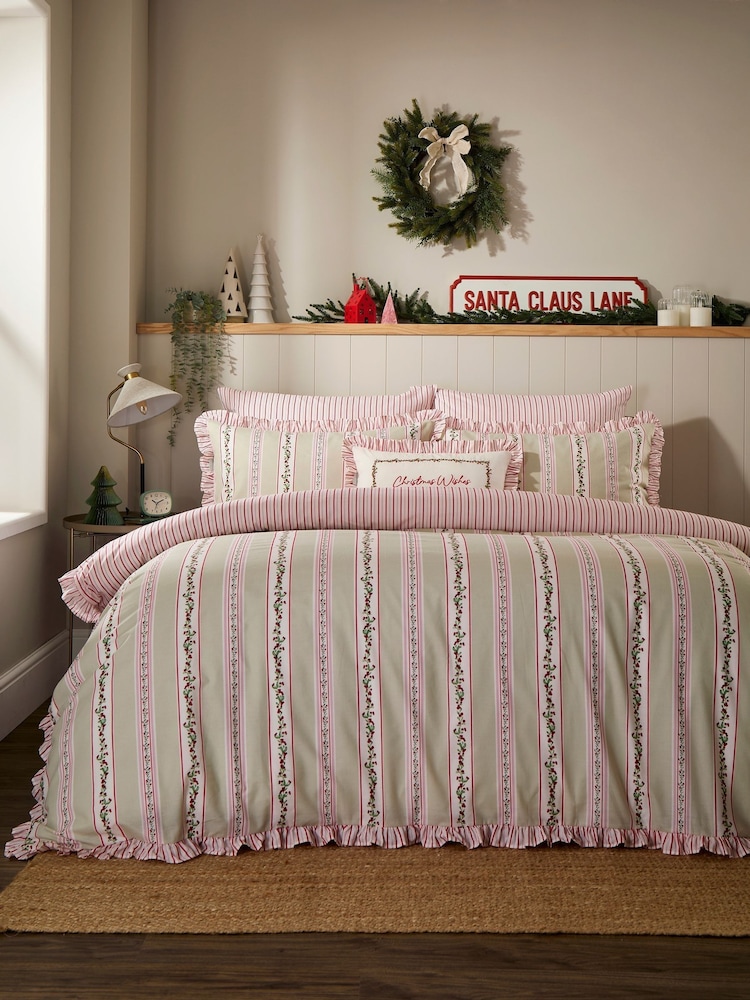 Vantona Pink Christmas Ditsy Rows Frilled Duvet Cover and Pillowcase Set - Image 2 of 5 Vantona Pink Christmas Ditsy Rows Frilled Duvet Cover and Pillowcase Set - Image 2 of 5