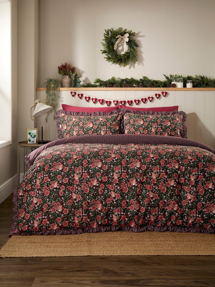 Vantona Chocolate Christmas Robins Frilled Duvet Cover and Pillowcase Set - Image 1 of 5