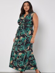 Apricot Black Palm Leaf Front Knot Maxi Dress - Image 1 of 3