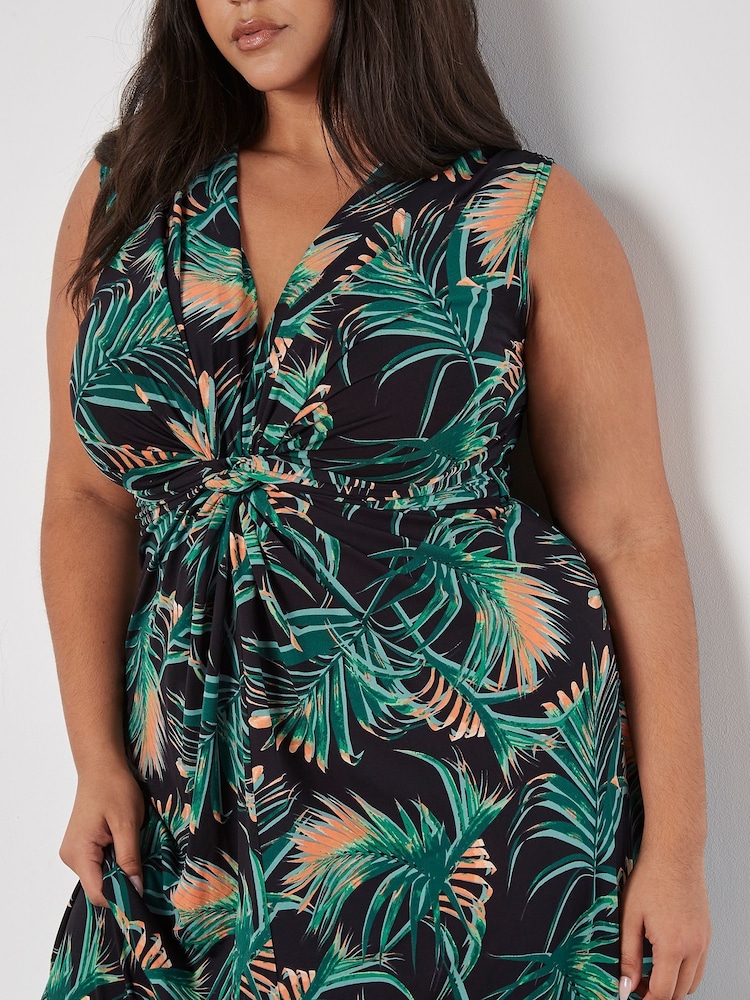 Apricot Black Palm Leaf Front Knot Maxi Dress - Image 2 of 3
