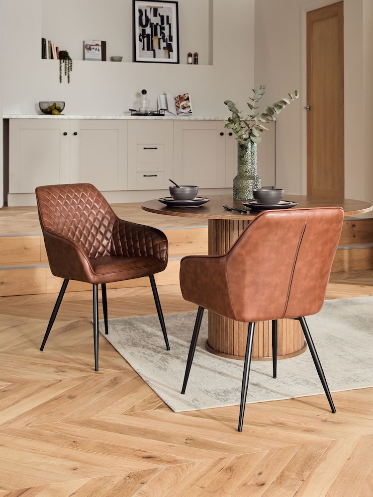 Set of 2 Faux Leather Tan Brown Hamilton Black Leg Quilted Dining Chairs - Image 1 of 4
