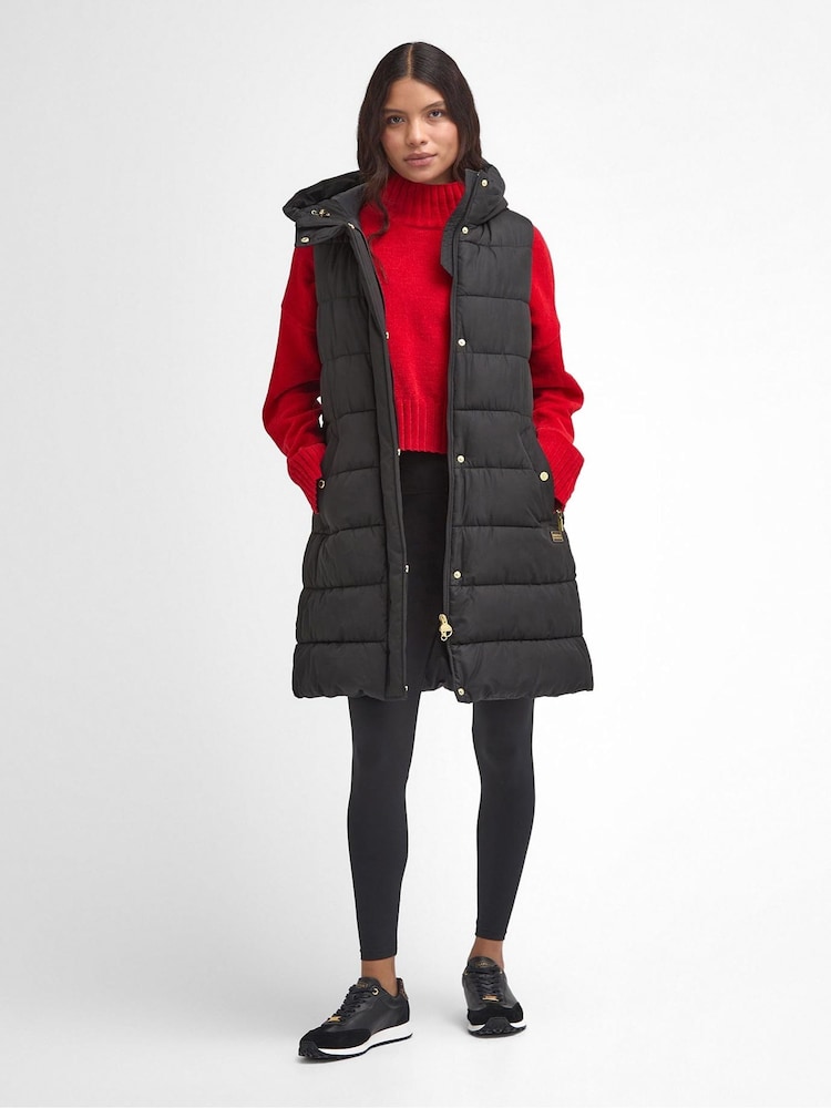 Barbour® International Greyson Long Length Baffle Quilt Black Gilet - Image 1 of 7