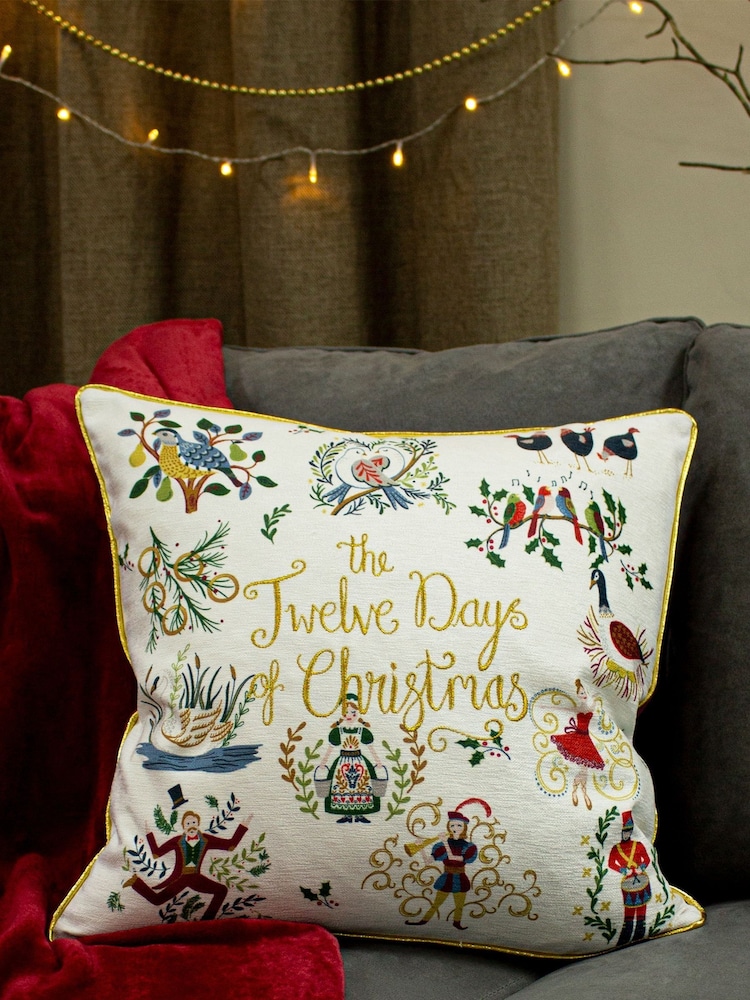 furn. Multicolour 12 Days Of Christmas Embroidered Polyester Filled Cushion - Image 1 of 5