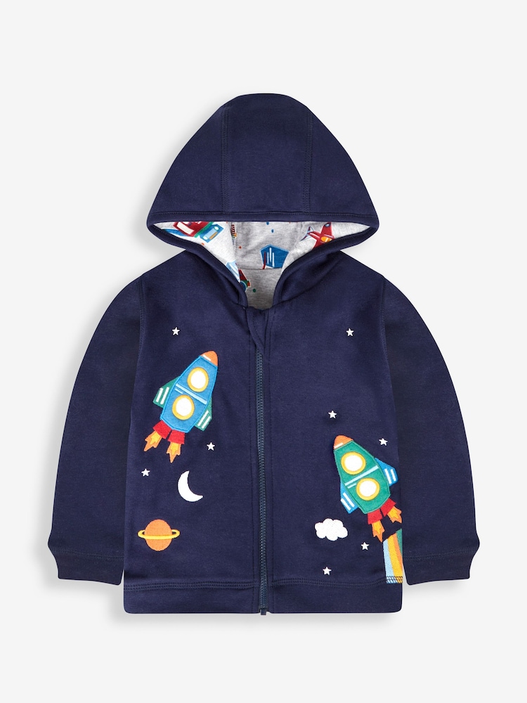 JoJo Maman Bébé Navy Blue Rocket Appliqué Reversible Hoodie - Image 2 of 7