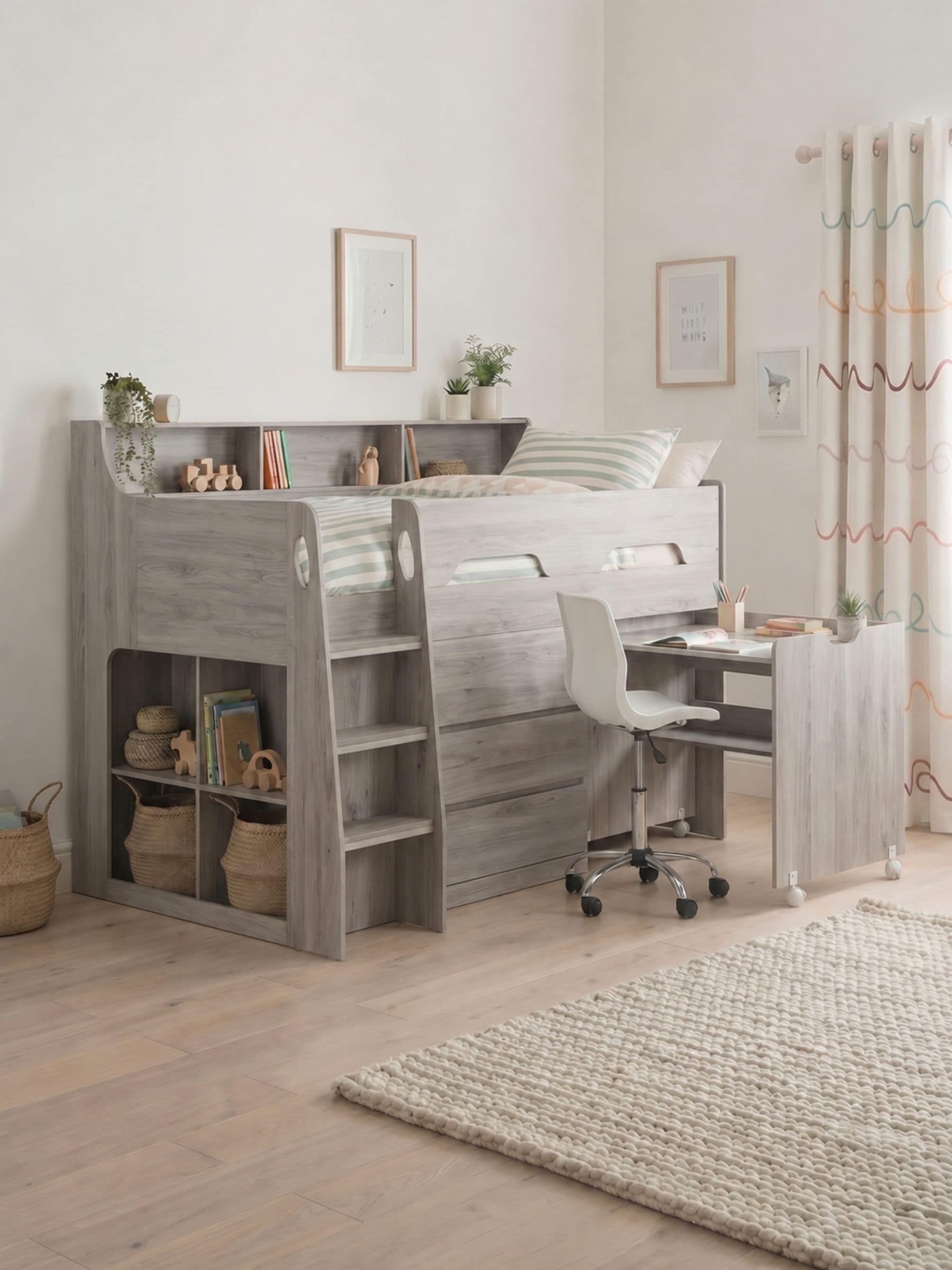 Julian Bowen Unisex Grey Oak Effect Single Jupiter Mid Sleeper With Pull-Out Desk And Storage