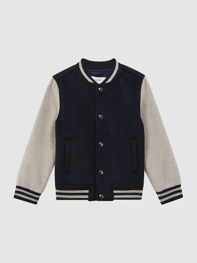 Reiss Navy/Stone Kansas 3-9 yrs Wool Blend Varsity Bomber Jacket - Image 2 of 6