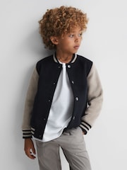 Reiss Navy/Stone Kansas 3-9 yrs Wool Blend Varsity Bomber Jacket - Image 3 of 6