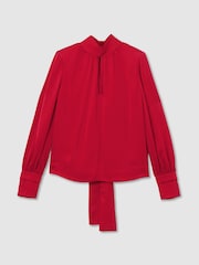 Reiss Red Kenny Petite High-Neck Tie-Back Keyhole Blouse - Image 2 of 8