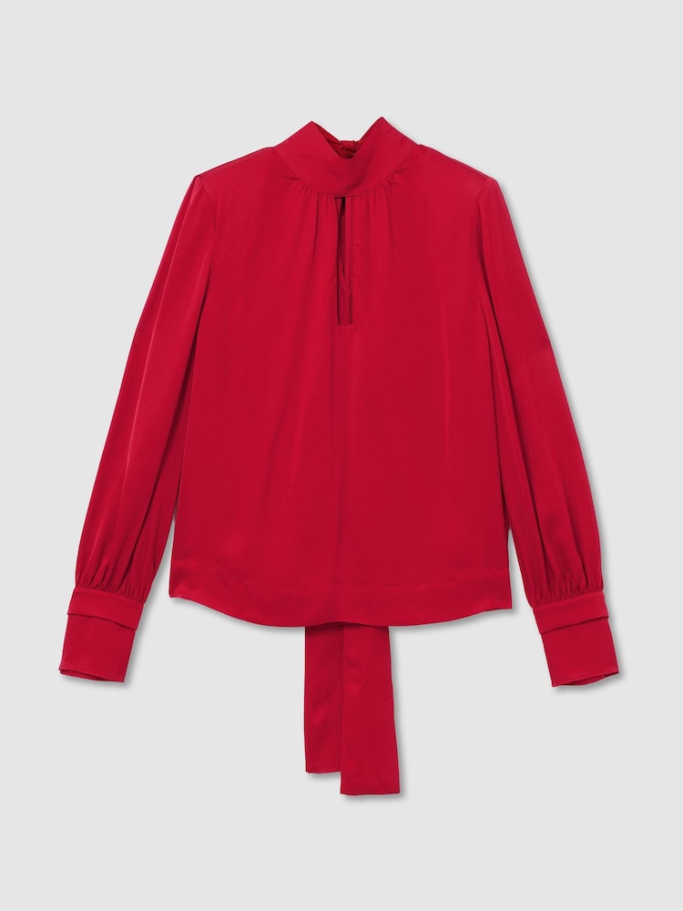 Reiss Red Kenny Petite High-Neck Tie-Back Keyhole Blouse - Image 2 of 8 Reiss Red Kenny Petite High-Neck Tie-Back Keyhole Blouse - Image 2 of 8