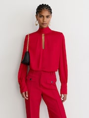 Reiss Red Kenny Petite High-Neck Tie-Back Keyhole Blouse - Image 3 of 8