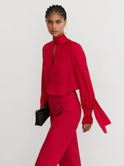 Reiss Red Kenny Petite High-Neck Tie-Back Keyhole Blouse - Image 5 of 8