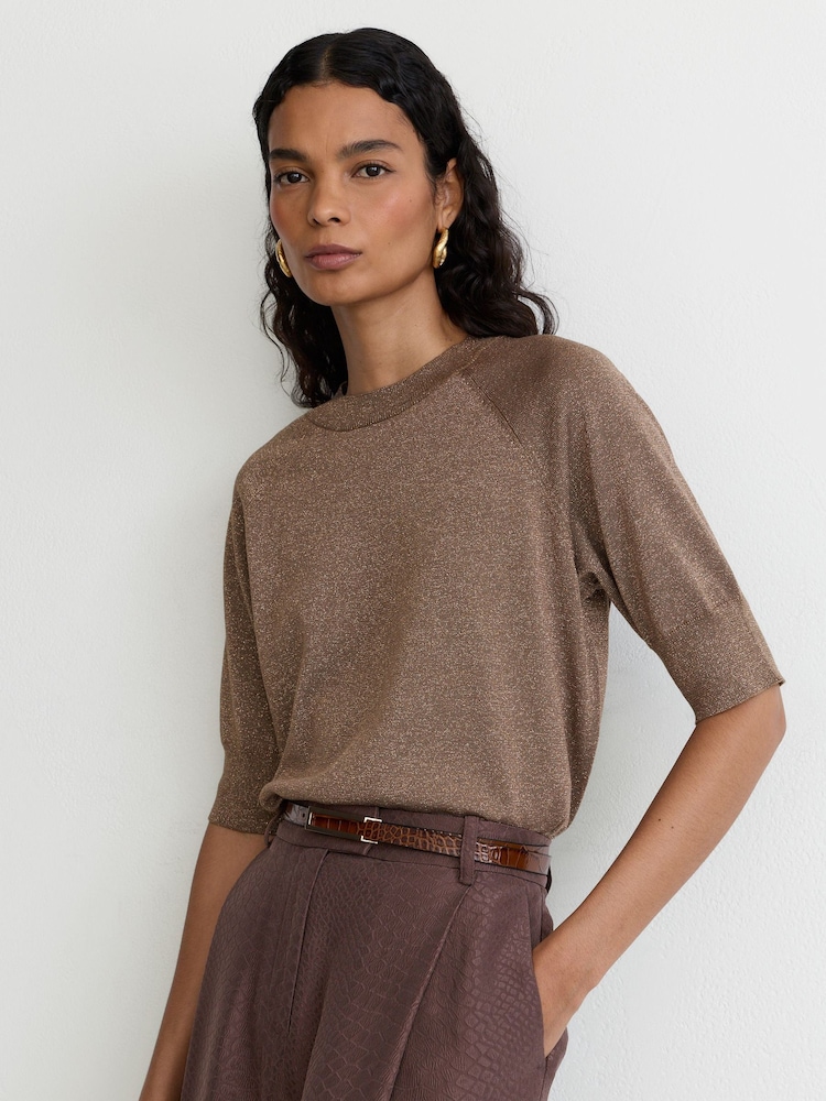 Reiss Bronze Susanne Wool-Blend Metallic-Knit Short-Sleeve Top - Image 1 of 6