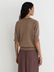 Reiss Bronze Susanne Wool-Blend Metallic-Knit Short-Sleeve Top - Image 5 of 6