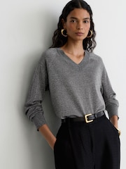 Reiss Silver Grey Pammy Wool-Blend Metallic-Knit V-Neck Jumper - Image 1 of 6