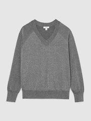 Reiss Silver Grey Pammy Wool-Blend Metallic-Knit V-Neck Jumper - Image 2 of 6
