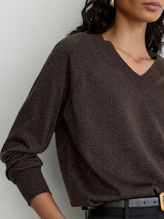 Reiss Chocolate Brown Pammy Wool-Blend Metallic-Knit V-Neck Jumper - Image 1 of 7