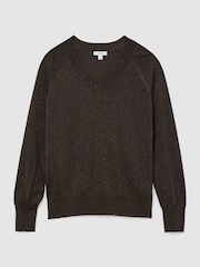 Reiss Chocolate Brown Pammy Wool-Blend Metallic-Knit V-Neck Jumper - Image 2 of 7