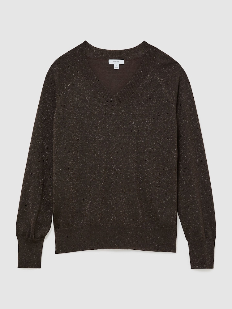 Reiss Chocolate Brown Pammy Wool-Blend Metallic-Knit V-Neck Jumper - Image 2 of 7