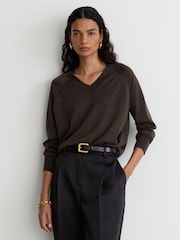 Reiss Chocolate Brown Pammy Wool-Blend Metallic-Knit V-Neck Jumper - Image 3 of 7