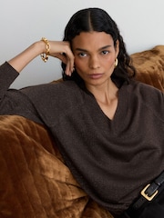 Reiss Chocolate Brown Pammy Wool-Blend Metallic-Knit V-Neck Jumper - Image 4 of 7