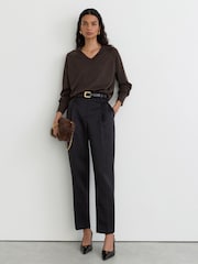 Reiss Chocolate Brown Pammy Wool-Blend Metallic-Knit V-Neck Jumper - Image 5 of 7