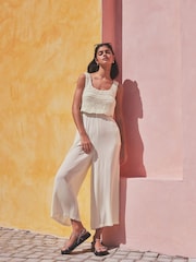 Cream 100% Cotton Crochet Top Summer Sleeveless Jumpsuit - Image 6 of 6