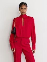 Reiss Red Kenny High-Neck Tie-Back Keyhole Blouse - Image 1 of 7