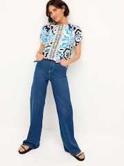 Blue/Navy Tile Print Gathered Short Sleeve Textured Boxy T-Shirt - Image 2 of 4