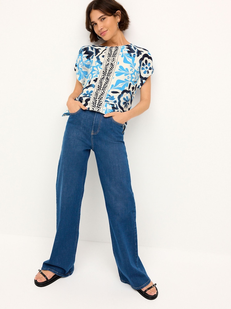 Blue/Navy Tile Print Gathered Short Sleeve Textured Boxy T-Shirt - Image 2 of 4