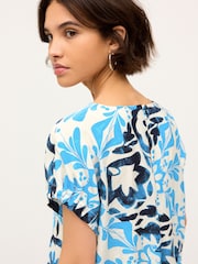 Blue/Navy Tile Print Gathered Short Sleeve Textured Boxy T-Shirt - Image 3 of 4