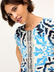 Blue/Navy Tile Print Gathered Short Sleeve Textured Boxy T-Shirt - Image 4 of 4