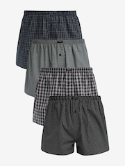 Black Check/Geo 4 pack Woven Pure 100% Cotton Boxers - Image 1 of 3