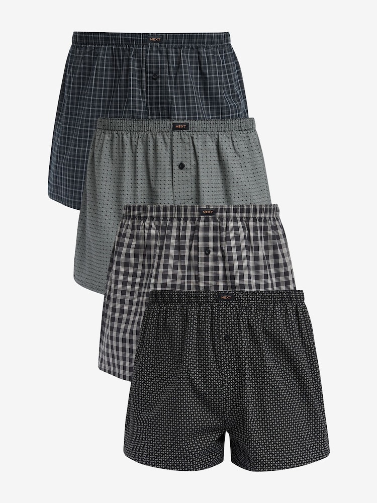 Black Check/Geo 4 pack Woven Pure 100% Cotton Boxers - Image 1 of 3