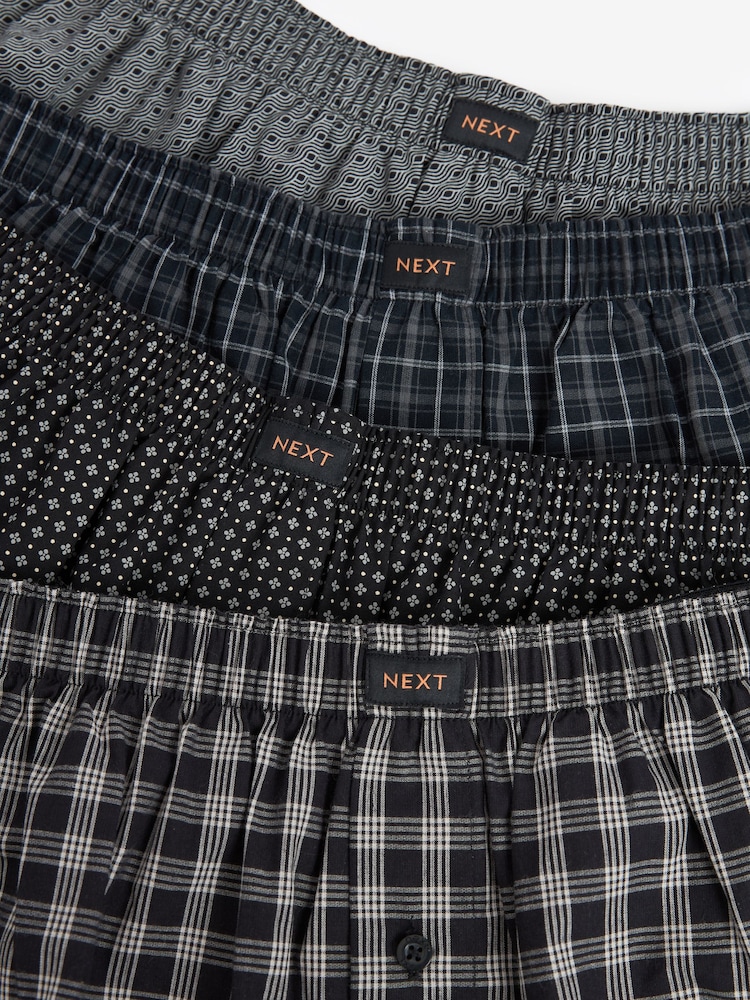 Black Check/Geo 4 pack Woven Pure 100% Cotton Boxers - Image 2 of 3