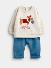 JoJo Maman Bébé Cream Christmas Sausage Dog Sweatshirt & Trouser Set - Image 1 of 6